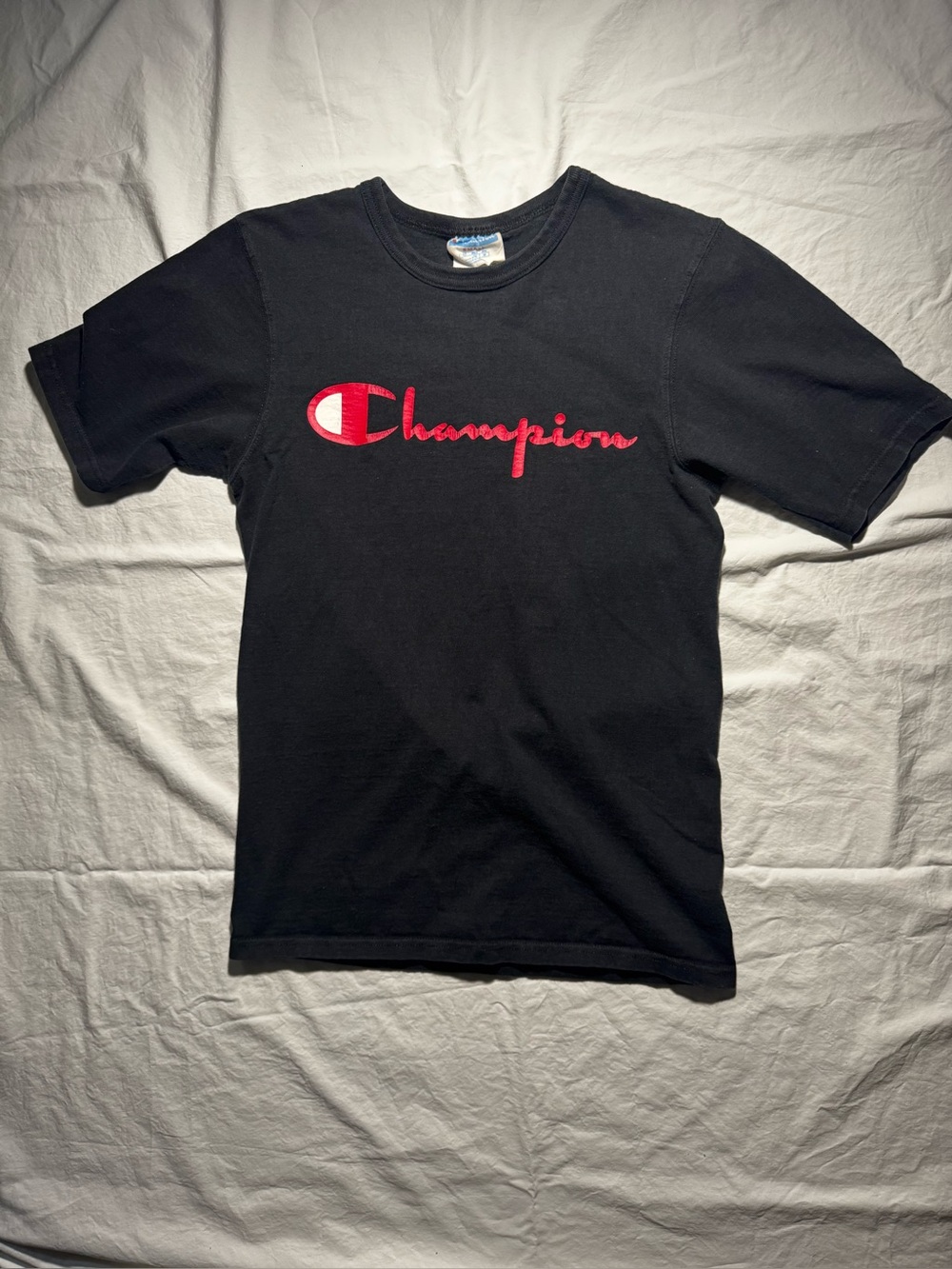Vintage Champion Black Red Spellout Tee Mens T-Shirt Size Small  Tee 90s Y2k